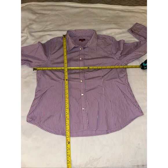 Talbots 16P Striped Collared Long Sleeve Blouse Button Down Purple White Flaw - Picture 9 of 12